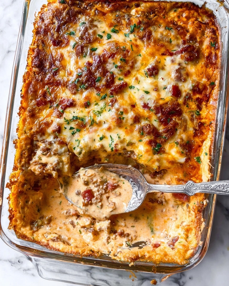 The image shows a baked cheesy dish in a clear rectangular glass baking dish on a white marbled surface. The top layer is golden brown melted cheese with some darker browned spots, scattered bits of green herbs, and a reddish-orange creamy sauce around the edges. Below this, the dish looks creamy and thick with visible pieces of red and brown ingredients mixed in. A large old-fashioned silver spoon with a decorative handle is resting inside the dish, scooping out some of the creamy mixture, revealing the layers underneath. photo taken with an iphone --ar 4:5 --v 7