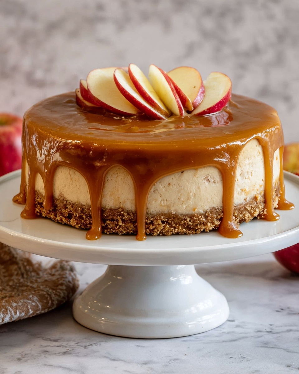 A close-up side view of a cheesecake with three visible layers. The bottom layer is a crumbly, light brown crust, the thick middle layer is creamy and pale beige, and the top layer is a shiny, smooth caramel sauce that drips down the sides. The cheesecake slice is being held up by a metal spatula above a white plate with more cheesecake, on a white marbled surface. In the blurred background, there are red apples and a warm brown backdrop. Photo taken with an iphone --ar 4:5 --v 7