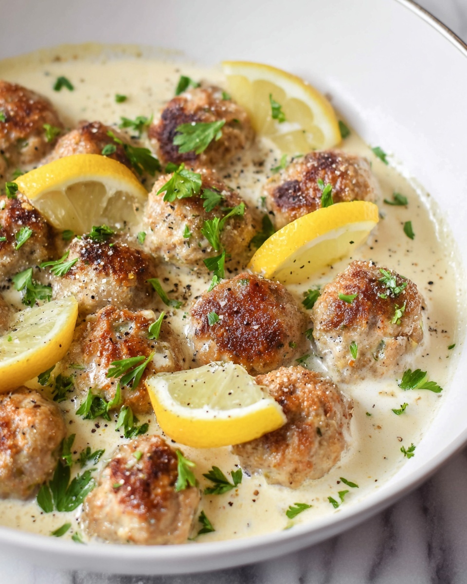 A silver pan filled with a creamy white sauce as the base layer, topped with about fifteen small, round, golden-brown meatballs evenly spread across the sauce. Scattered on top are small dark green capers and fresh parsley leaves, adding a touch of green. Two lemon wedges are placed among the meatballs, giving a bright yellow contrast. The pan rests on a white marbled surface next to a white cloth with black stripes. Photo taken with an iphone --ar 4:5 --v 7
