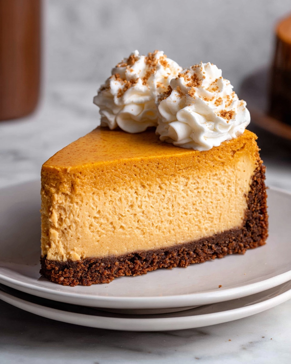 The image shows a pumpkin pie with two slices cut out on a round wooden board. The pie has two layers, a smooth orange pumpkin filling on top and a darker brown crust at the bottom. The top edge of the pie is decorated with thick white whipped cream swirls sprinkled with a light brown spice. The wooden board sits on a white marbled surface, with a small orange pumpkin, star anise, cinnamon sticks, and a small wooden bowl of brown spice scattered around the pie. photo taken with an iphone --ar 4:5 --v 7