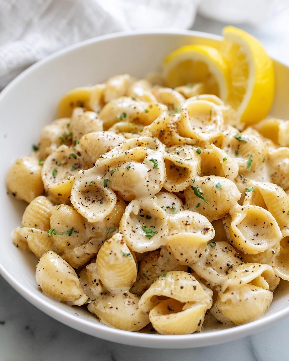 A white bowl filled with two layers of small shell pasta and cheese sauce, the pasta is light yellow with specks of green herbs visible throughout. The creamy cheese sauce coats the shells evenly, showing a smooth texture mixed with tiny bits of herbs. The pasta shells have a rounded shape and slightly shiny surface, resting on a white marbled background with part of a white cloth visible near the top right corner. Photo taken with an iphone --ar 4:5 --v 7