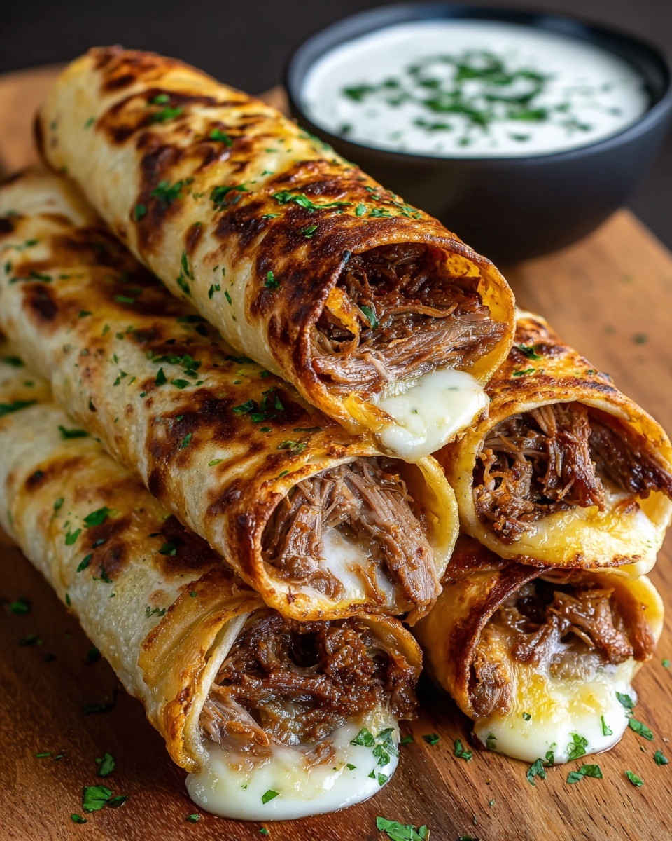 The image shows four rolled tortillas stacked together on a wooden surface, each filled with shredded brown meat and white melted cheese that oozes slightly from the ends. The outside of the tortillas is golden brown with some darker spots and sprinkled green herbs on top. In the background, there is a small black bowl with a white creamy sauce topped with green herbs. The texture of the tortillas looks crispy and the meat inside appears tender and juicy. photo taken with an iphone --ar 4:5 --v 7