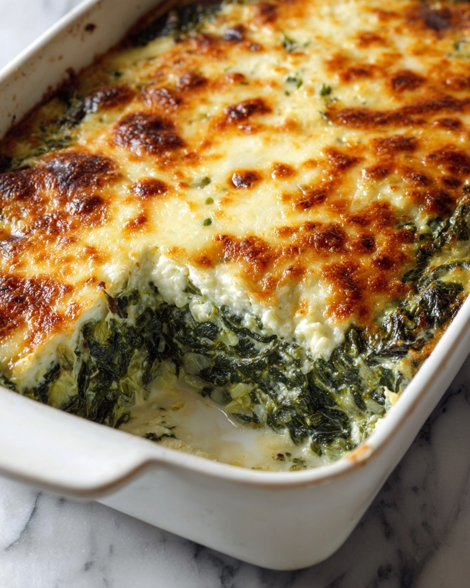 The image shows a white round plate holding a layered spinach and cheese dish. The bottom layer is dark green cooked spinach with a soft, slightly wet texture. Above the spinach, there is a thick layer of melted cheese that is golden brown on top, bubbly, and creamy white underneath. The cheese layer covers most of the spinach and has a few browned spots, giving it a rich and baked look. The plate is on a white marbled surface, and a silver fork and spatula rest near the top of the plate, catching light and adding a shiny contrast. photo taken with an iphone --ar 4:5 --v 7