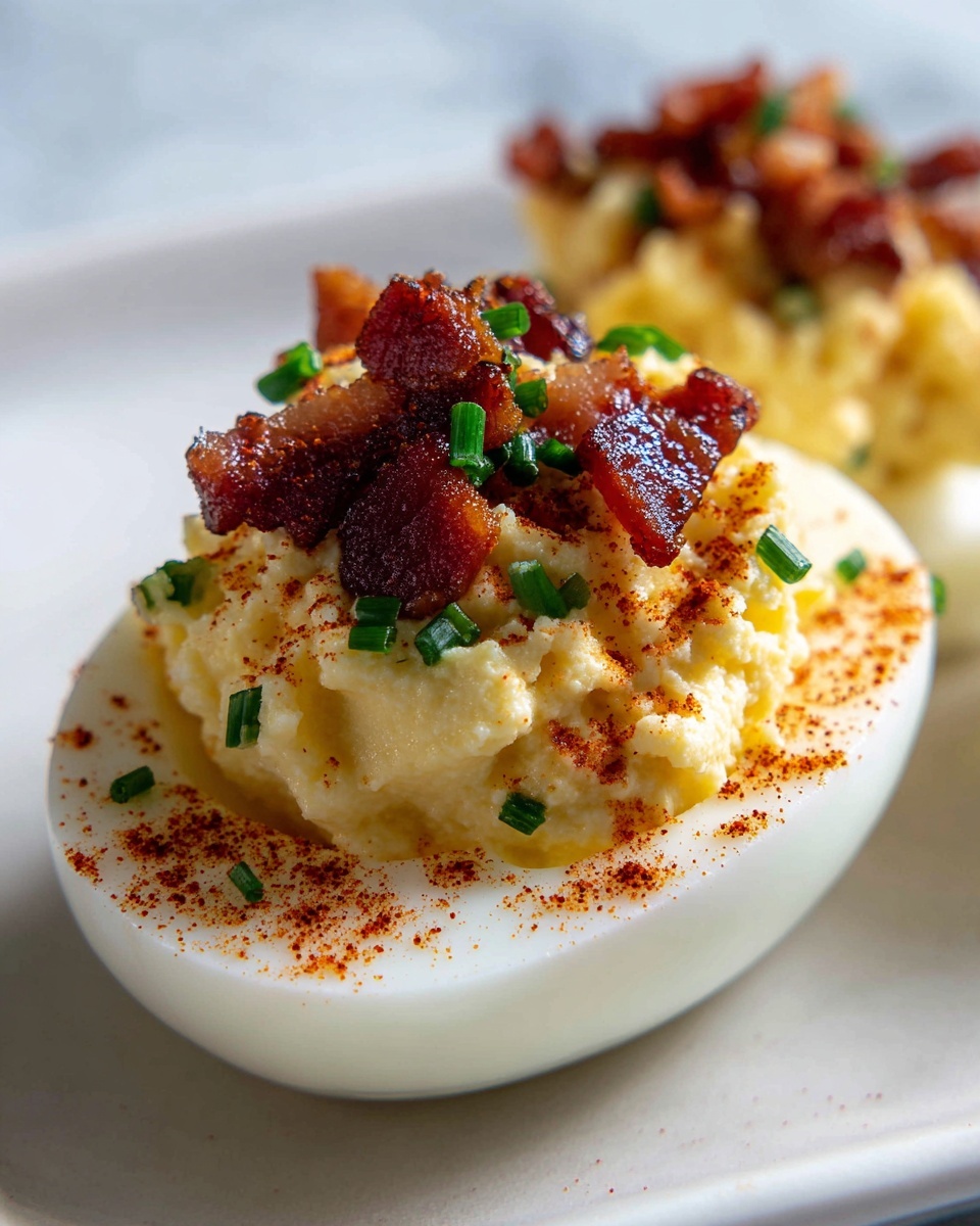 Million Dollar Bacon Deviled Eggs Recipe 5 A white plate holds a single half of a hard-boiled egg with a smooth, firm white outer layer. The inside is filled with a light yellow, creamy mashed yolk mixture topped with small, crispy brown bacon pieces that add texture and color. Green chive pieces are sprinkled over the top and red paprika powder is dusted around the filling and on the egg white edge, adding bright contrast. The background is a white marbled surface and soft natural light highlights the dish. photo taken with an iphone --ar 4:5 --v 7