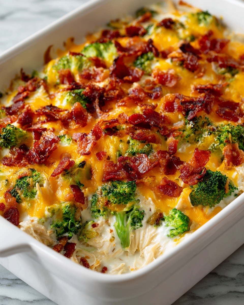 The dish is a creamy casserole in a white rectangular baking dish, with a marbled white surface background. It has a base layer of white creamy sauce mixed with bright green broccoli florets scattered throughout. On top of this is a thick layer of shredded white chicken meat, mixed with the broccoli. The top layer is melted golden-yellow cheddar cheese, with small, crispy dark red-brown bacon pieces sprinkled all over, giving a mix of soft and crunchy textures. The casserole looks rich and warm with parts of cheese slightly browned. Photo taken with an iphone --ar 4:5 --v 7