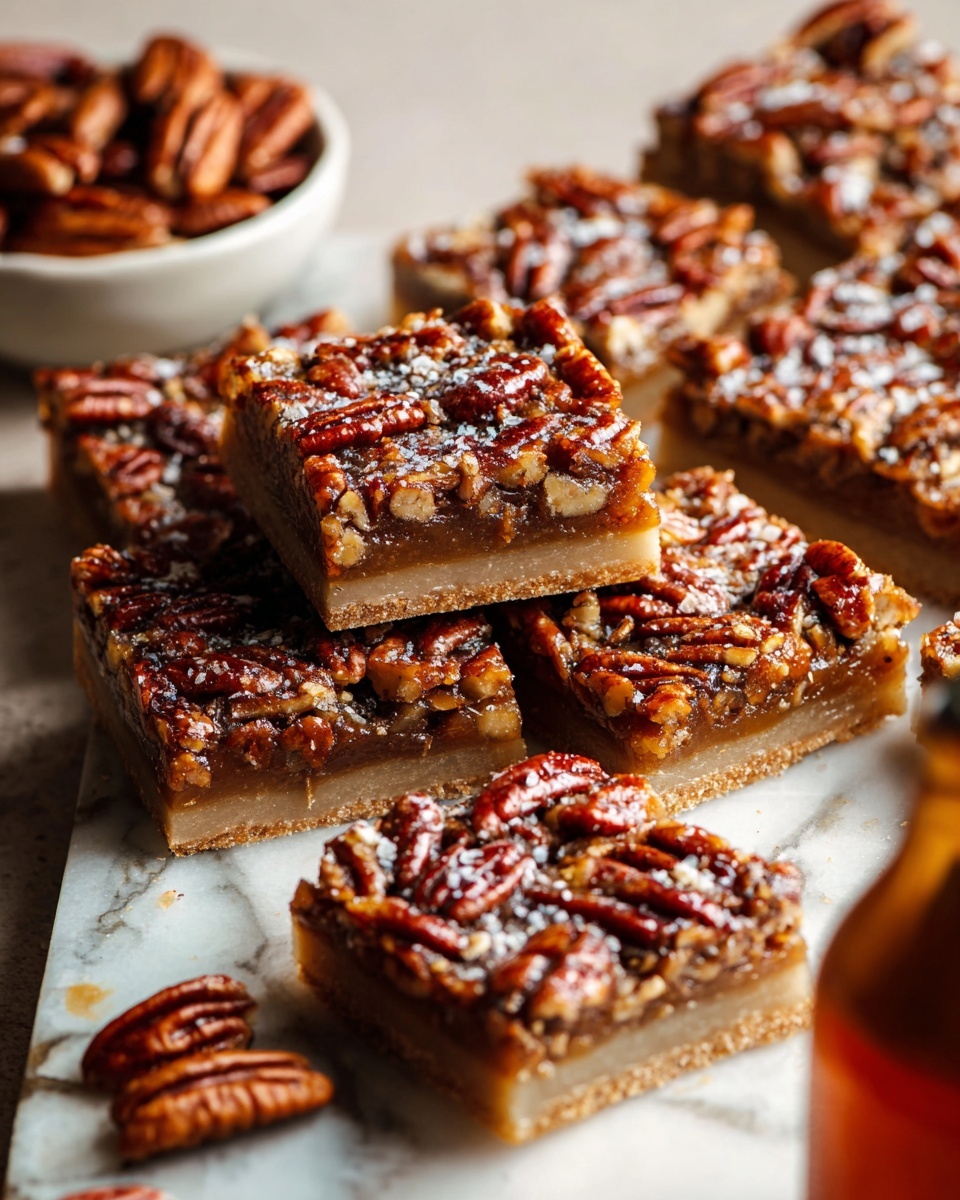 This image shows square pecan bars stacked and spread on a surface with a white marbled texture. Each bar has two layers: a thick, light beige base layer with a smooth texture, and a glossy top layer densely covered with whole, glossy brown pecans and a sticky caramel-like filling in between. The pecans have a rough texture and a rich reddish-brown color. Some pieces have a light sprinkle of white flakes on top, adding a contrast to the dark pecans. There is a small round white bowl in the background filled with more pecans, and a brown bottle at the front right corner of the image. Photo taken with an iphone --ar 4:5 --v 7