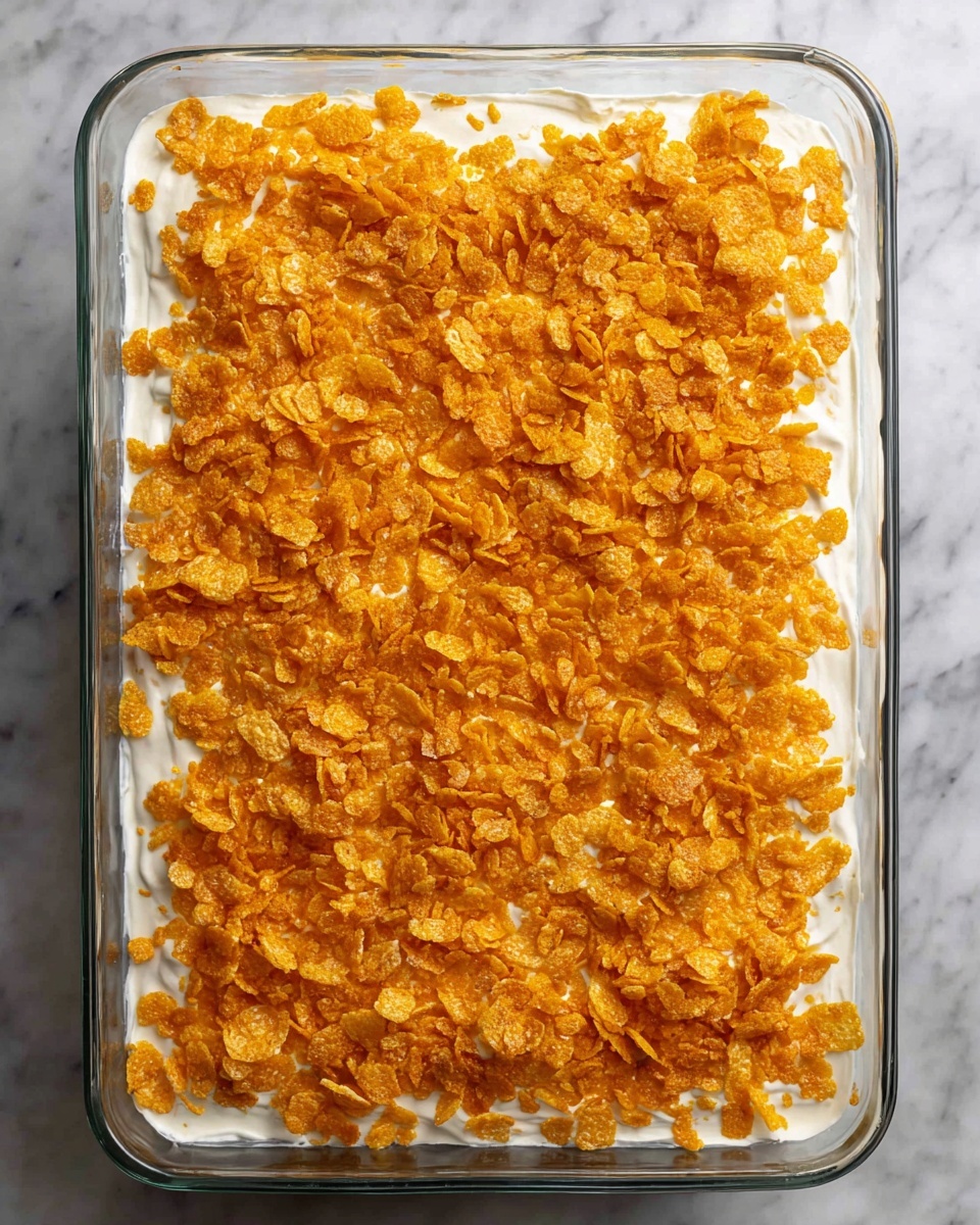 The image shows a clear glass baking dish filled with a baked casserole that has two main layers. The top layer is a thick, crunchy crust made of golden-brown crushed cornflakes, covering the entire surface. Beneath the crust is a smooth, creamy layer of white mixture that looks soft and cheesy. A portion has been scooped out of the bottom right corner, revealing the creamy inside and some crushed cornflakes from the top layer falling into the empty space. Next to the baking dish, a white plate with dark blue rim holds a single square serving of the casserole, showcasing the two visible layers clearly: the crunchy golden cornflake topping and the creamy white base. The dish rests on a white marbled surface. Photo taken with an iphone --ar 4:5 --v 7