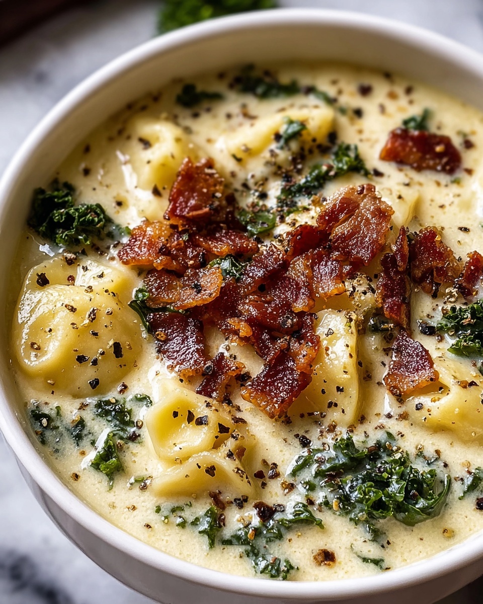 Creamy White Chicken Lasagna Soup Recipe 5 A close-up view of a creamy soup served in a white bowl, showing three visible layers: the bottom layer consists of light green pieces of kale, the middle layer is made of tender, yellowish pasta chunks covered in thick, rich cream, and the top layer features crispy, small dark brown bacon bits scattered evenly with cracked black pepper sprinkled around. The background is a white marbled surface, creating a clean and bright setting for the bowl. Photo taken with an iphone --ar 4:5 --v 7