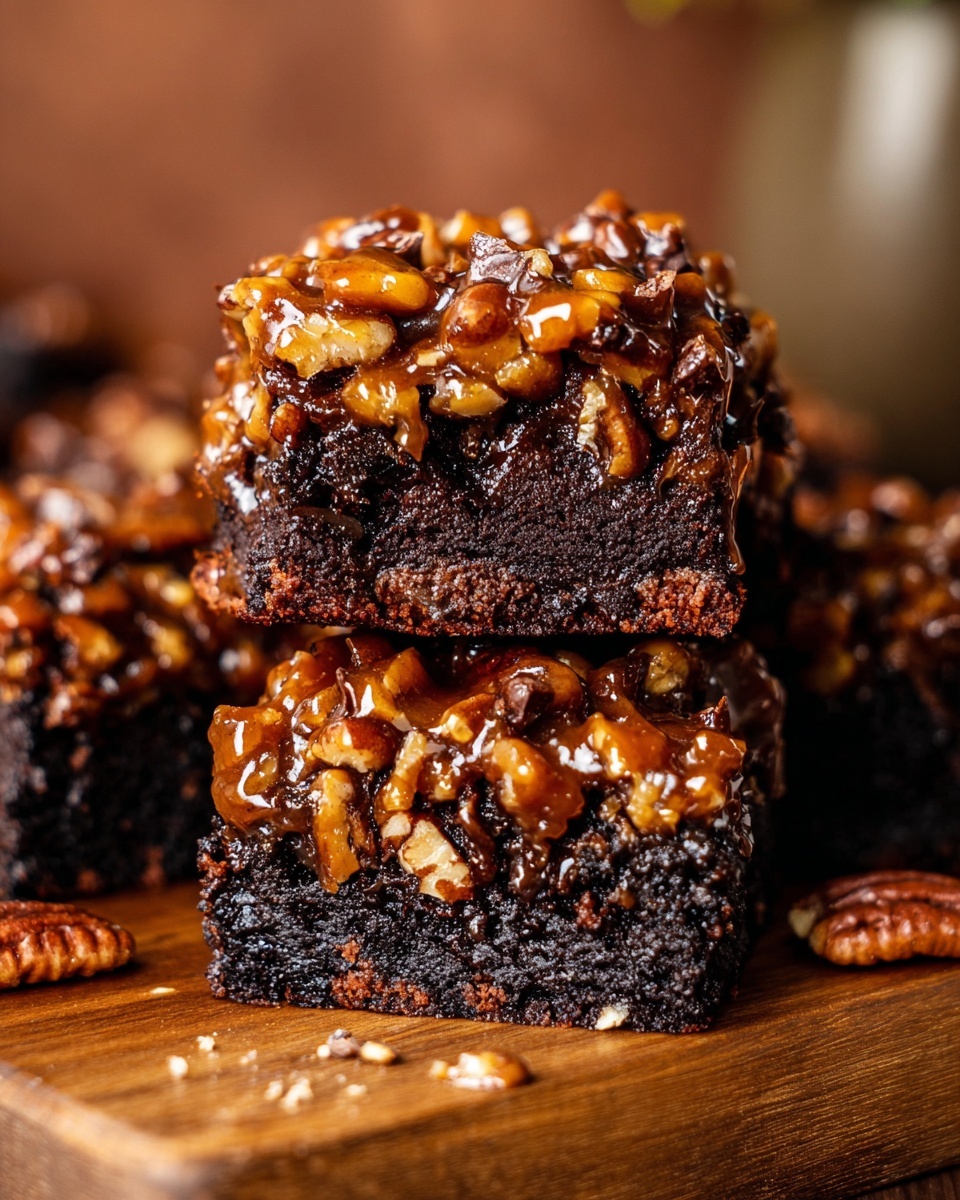 The image shows two thick, square pieces of dark chocolate brownie stacked on a wooden board. Each brownie has two layers: the bottom layer is a dense, moist deep brown chocolate cake with chocolate chunks inside, and the top layer is a shiny caramel nut topping with whole and broken pecans coated in rich caramel, giving a glossy texture. Around the brownies, there are loose pecan halves and a red-and-white checkered cloth partially visible at the bottom. The background has a white marbled texture. Photo taken with an iphone --ar 4:5 --v 7