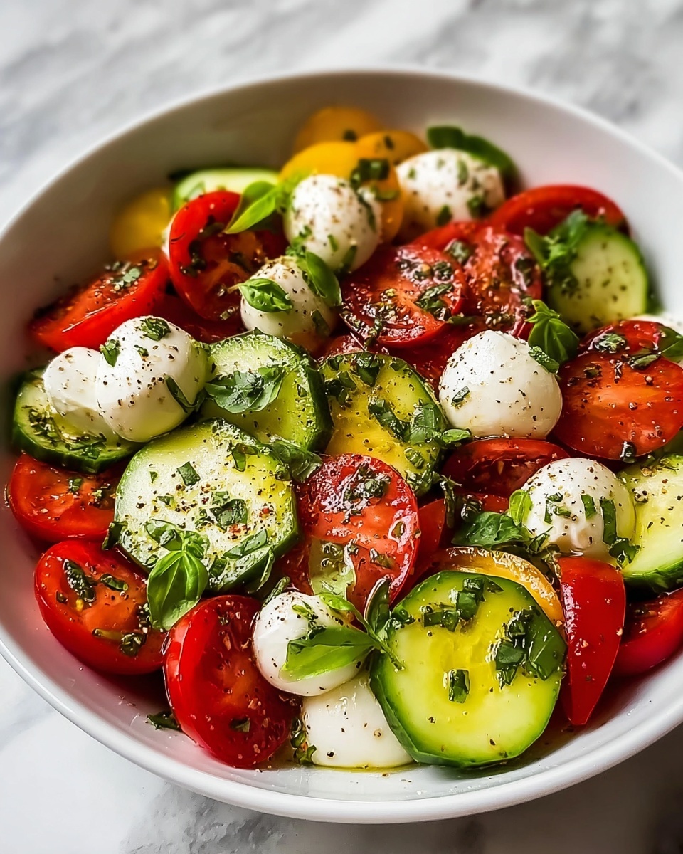 A white bowl holds a fresh salad with three main layers. The base layer is round green cucumber slices with a smooth texture, spread out evenly. The middle layer is bright red cherry tomatoes, some whole and some cut in half, placed between and over the cucumbers. The top layer shows small white mozzarella balls scattered around with chopped green basil leaves sprinkled over everything. The salad is lightly coated with black pepper and a shiny dressing that glistens. The bowl sits on a white marbled surface photo taken with an iphone --ar 4:5 --v 7