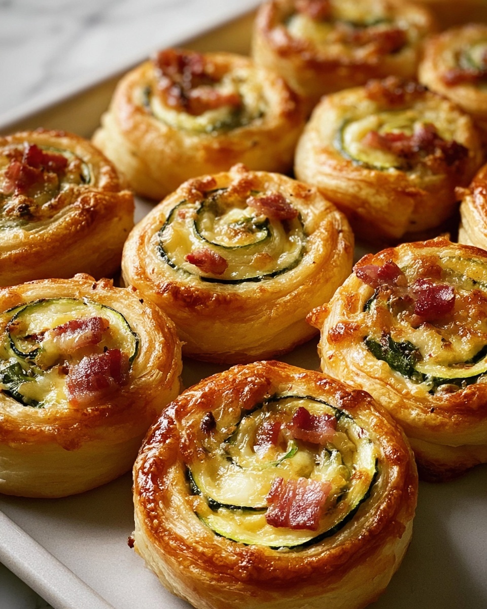 The image shows a close-up of a tray filled with golden puff pastry pinwheels, each having three visible layers: the outer flaky, crispy light brown crust, a middle layer of melted cheese that looks slightly browned, and the innermost layer with green zucchini slices and small pieces of cooked bacon scattered on top. The pinwheels are arranged closely in rows on a metal baking tray, with a white marbled surface faintly visible underneath. The pastries have a shiny, slightly oily texture from baking, and the lighting highlights their warm, fresh-out-of-the-oven look. Photo taken with an iphone --ar 4:5 --v 7