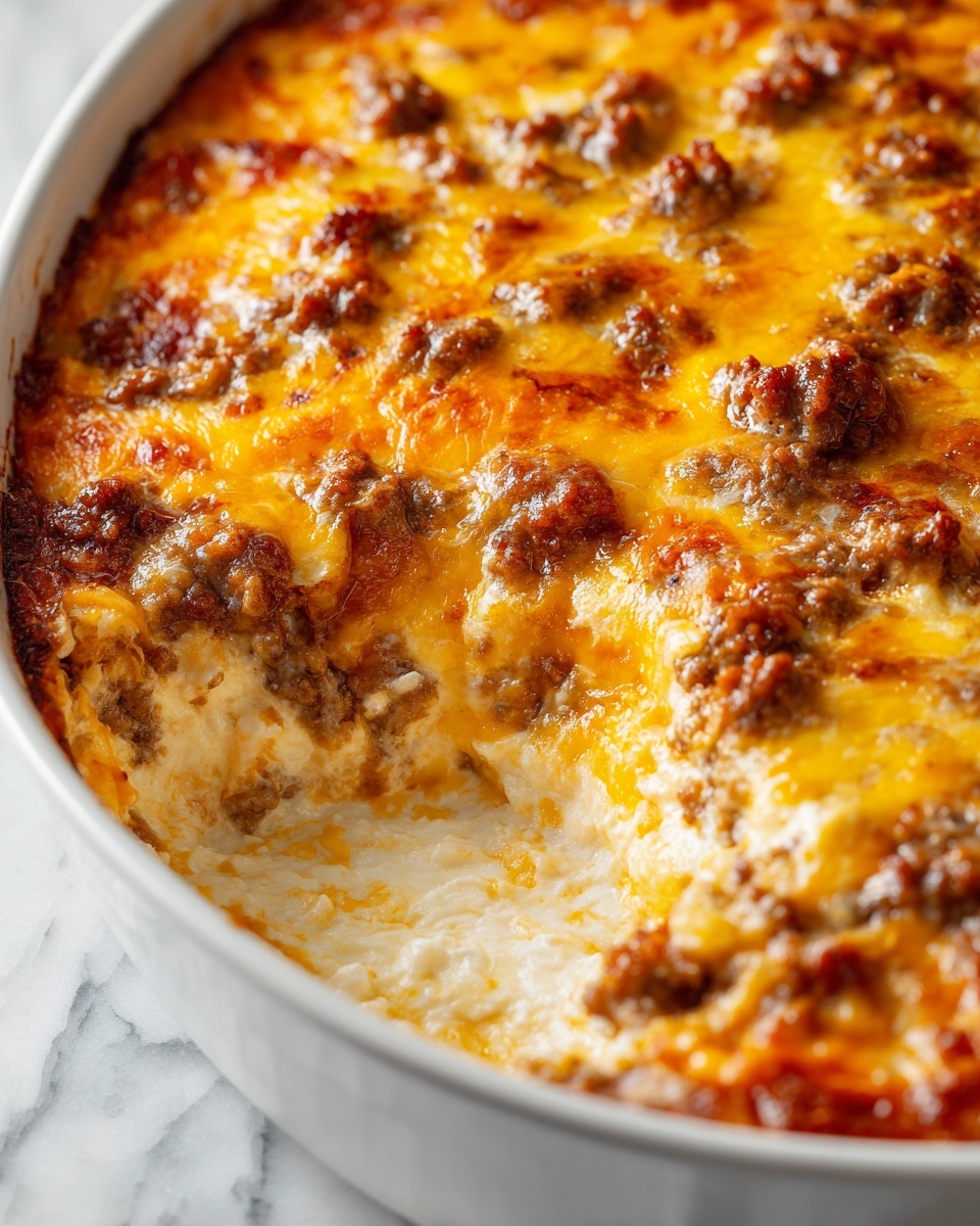 The image shows a close-up of a baked dish with three visible layers: a creamy white cheese base layer, a middle layer of browned ground meat pieces with a rough texture, and a top layer of melted bright orange cheddar cheese that has browned and bubbled in spots, creating a crispy texture. The dish appears creamy with golden and slightly charred spots of cheese on the surface, giving a rich, textured look. The background is a white marbled surface. photo taken with an iphone --ar 4:5 --v 7