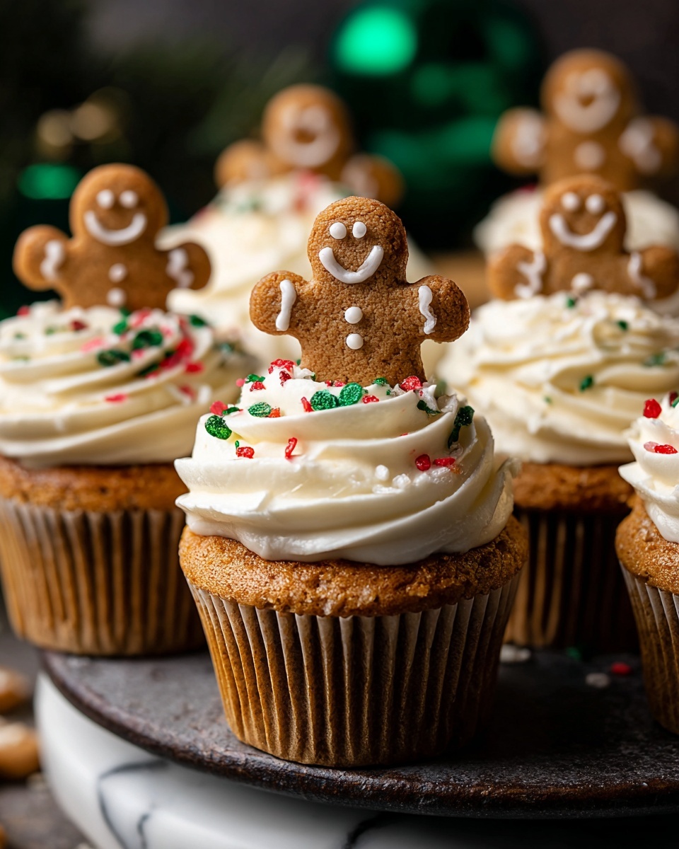 Gingerbread Cupcakes with Cream Cheese Frosting Recipe 6 A group of cupcakes on a dark round tray set on a white marbled surface. Each cupcake has a golden brown base with a light ridged paper wrapper. On top is a thick swirl of white frosting, decorated with small red, green, and white sprinkles. Each cupcake is topped with a smiling gingerbread man cookie, which is brown with white icing details for eyes, buttons, and a smiling mouth. The background is dark and blurred with some green shapes. Photo taken with an iphone --ar 4:5 --v 7