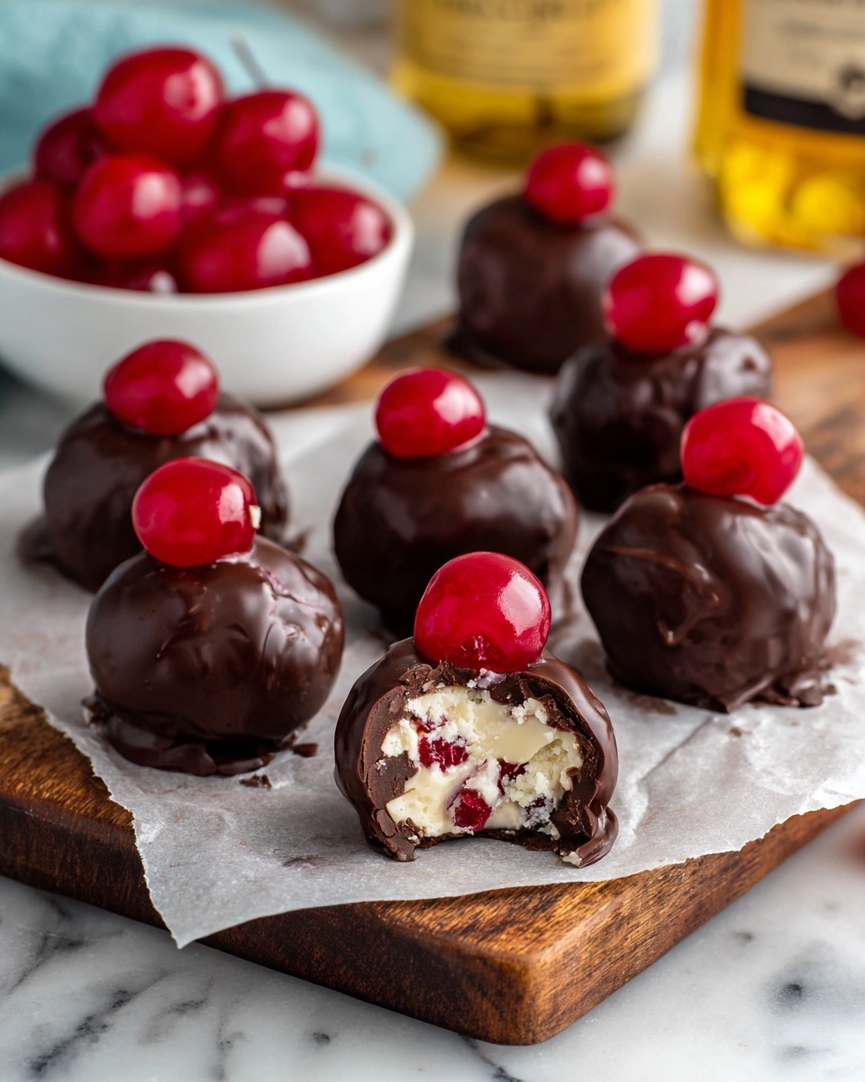 Cherry Bourbon Balls Recipe 5 The image shows eight chocolate-covered cherries arranged on light brown parchment paper on a white marbled surface. Each cherry is coated in smooth, dark brown chocolate with a shiny, bright red cherry placed on top, forming a single visible layer of chocolate with the cherry sitting firmly on it. To the left, one cherry with its stem rests beside the chocolate-covered ones. Behind the parchment paper, there is a small white bowl filled with many shiny bright red cherries with stems. In the background, a blurry wooden board holds a bottle of Maker’s Mark whiskey with a beige label. The overall look is colorful with a mix of red, brown, white, and natural wood tones. Photo taken with an iphone --ar 4:5 --v 7