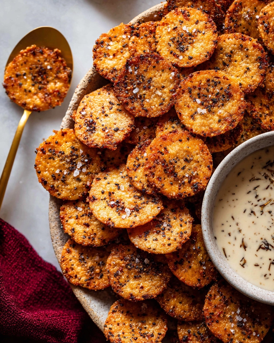 The image shows many round crackers covered with dark spices and coarse salt, giving them a crispy and textured look. They are piled together, showing their golden-brown color with darker, almost black, spots from the spices. A few crackers sit in a golden spoon on the left, with a white bowl containing a light creamy sauce with black specks half visible on the right side. The whole scene is set on a white marbled surface with a hint of a deep red cloth in the bottom left corner. photo taken with an iphone --ar 4:5 --v 7
