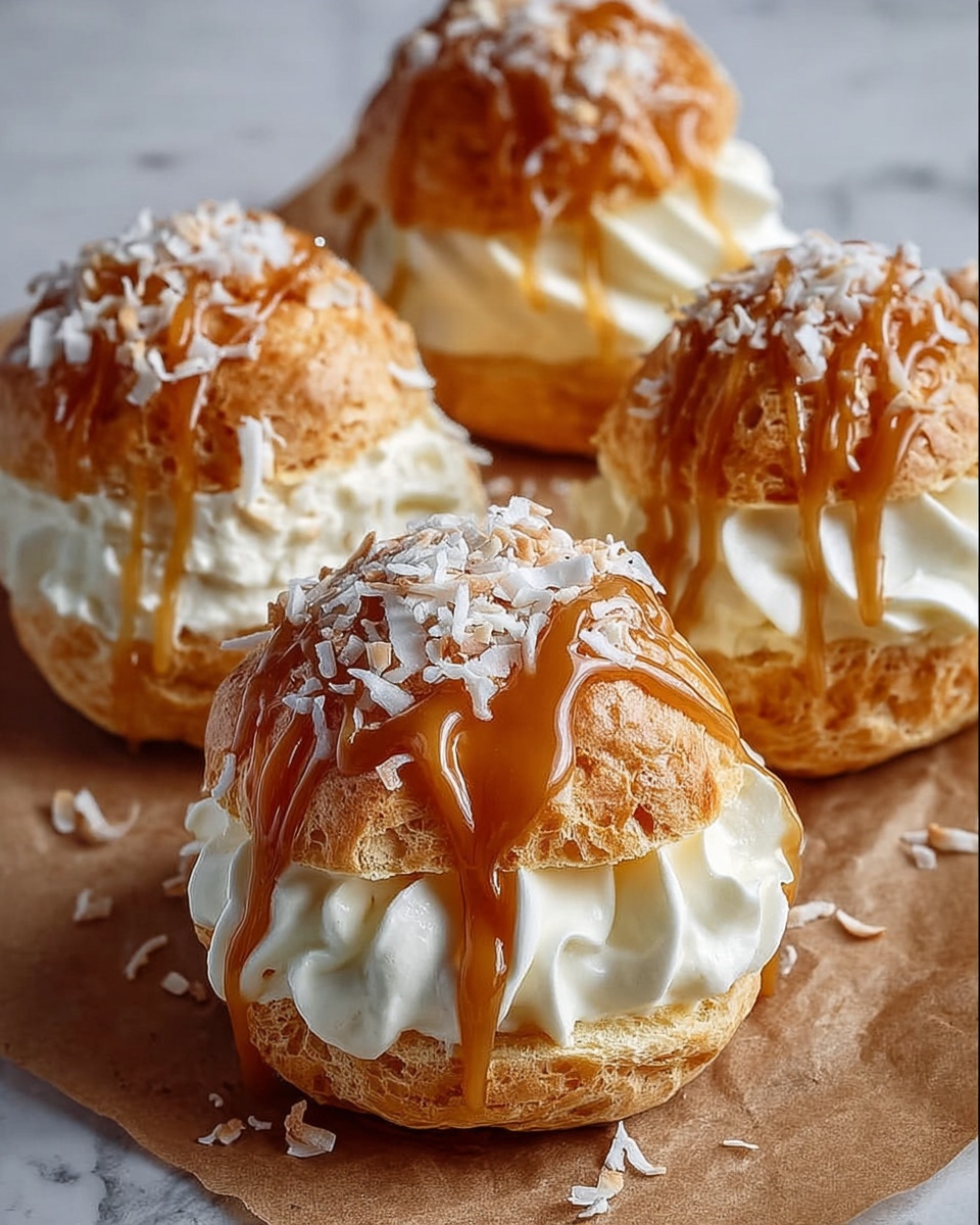 Coconut Caramel Cream Puffs Recipe 5 A puff pastry dessert with two layers: the bottom layer is a golden brown, airy pastry base, followed by a thick, white creamy filling with soft texture positioned in the middle; on top, there is another piece of golden brown puff pastry covered in drizzled caramel sauce flowing down the sides and sprinkled with shredded white coconut flakes. The dessert sits on a piece of brown parchment paper on a white marbled surface. In the background, there is a blurry second similar dessert. photo taken with an iphone --ar 4:5 --v 7