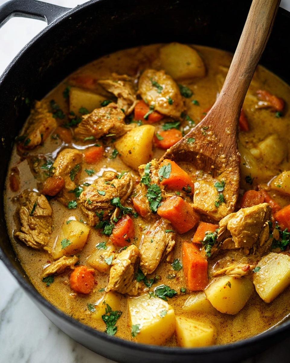 Jamaican Curry Chicken Recipe 5 The image shows a black pot filled with a thick curry made of golden brown chicken pieces, large chunks of yellow potatoes, and bright orange carrot pieces, all mixed in a rich, creamy light brown sauce. Small green leaves of cilantro are scattered on top, adding a fresh touch of color. A wooden spoon is partly inside the pot, stirring the curry, with its tip covered in sauce. The scene has a white marbled surface under the pot. photo taken with an iphone --ar 4:5 --v 7