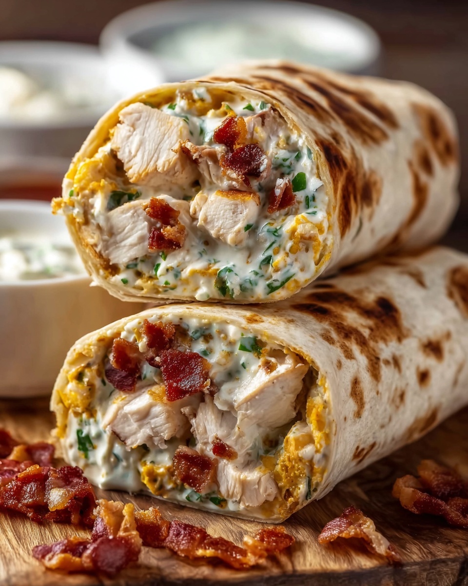 The image shows a close-up of two halves of a wrap stacked on a wooden surface, each half revealing three main layers inside: chunky white pieces of cooked chicken, small crispy reddish-brown bacon bits, and a creamy white sauce mixed with green herbs and melted yellow cheese. The wrap is made from a light brown tortilla with darker toasted spots, rolled tightly around the filling, with the inside layers clearly visible from the cut ends. Bits of bacon are scattered around the wrap on the wooden surface, and two blurred white bowls with sauces or dips can be seen in the background. The photo taken with an iphone --ar 4:5 --v 7