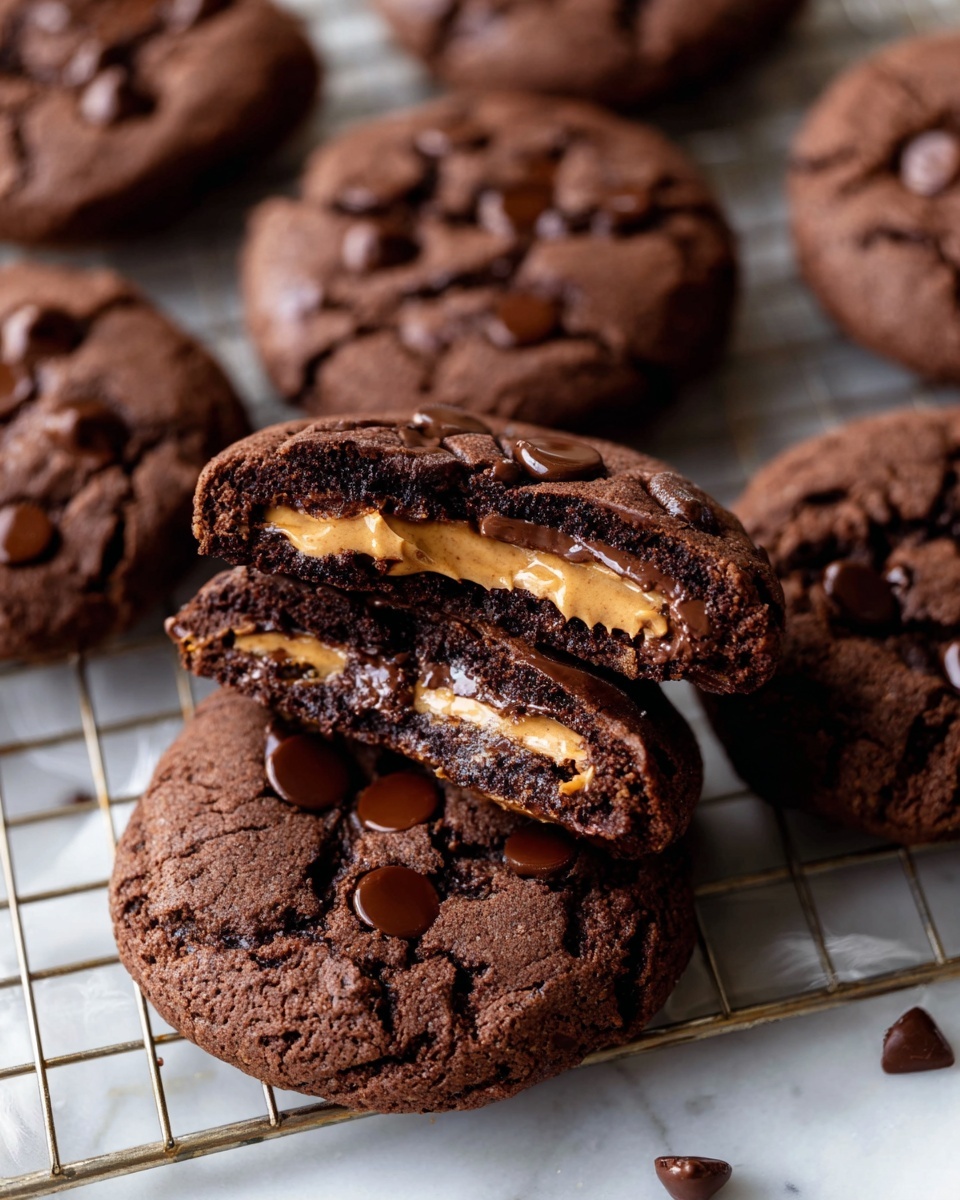 The image shows a dark brown chocolate cookie with a rough, soft texture, placed on a metal cooling rack with a light brown paper underneath. The cookie has several shiny dark chocolate chips scattered on top. One cookie is in the front, broken slightly to show a creamy light brown filling inside. Another cookie sits blurred in the background. The whole scene is set on a white marbled surface. photo taken with an iphone --ar 4:5 --v 7