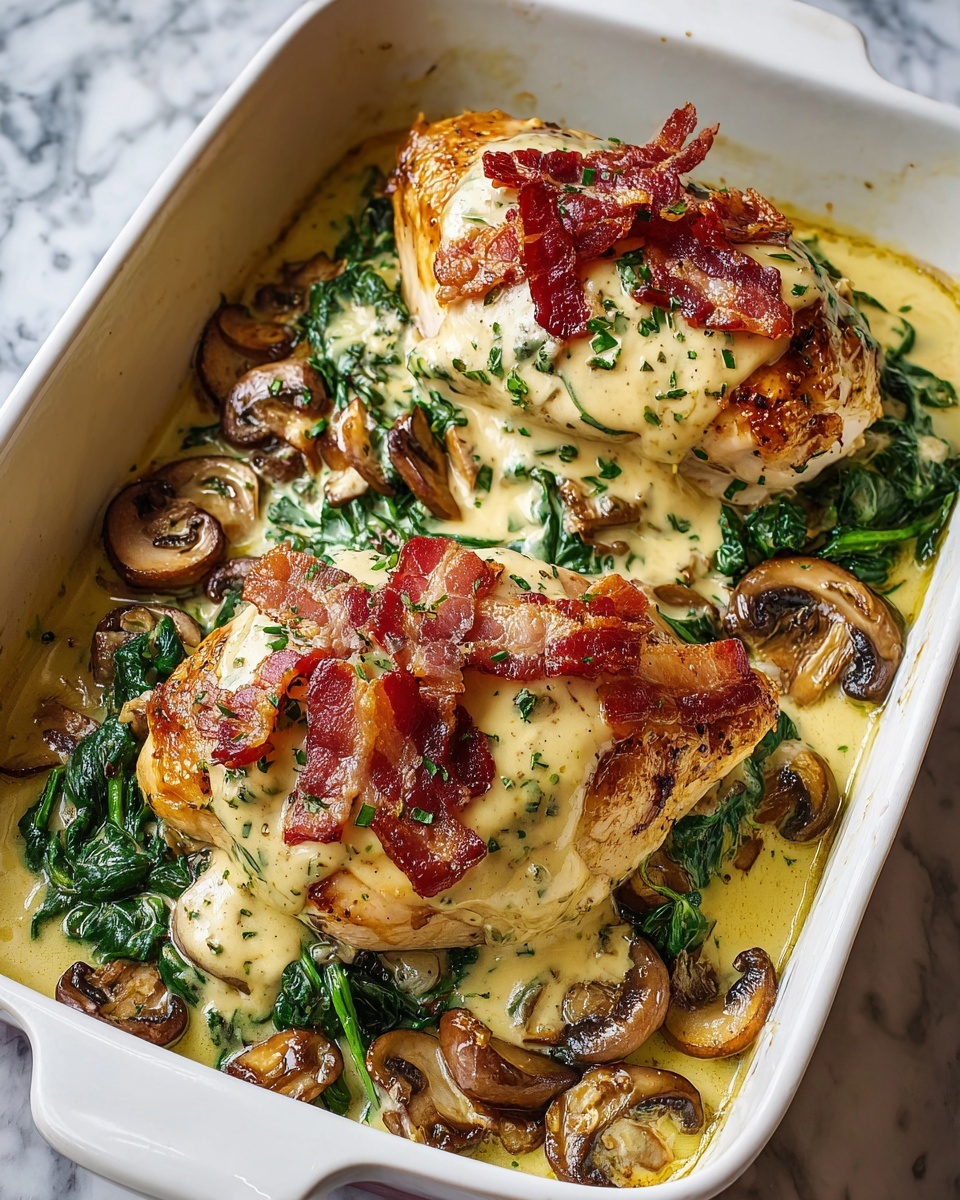 Smothered Chicken with Creamed Spinach, Bacon, and Mushrooms Recipe - Recipe Image