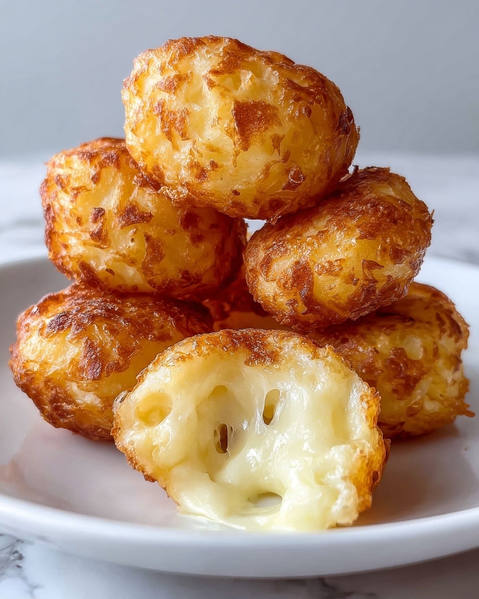 A close-up view of five round, golden brown cheese balls piled on a white plate, with steam rising from them showing they are hot. The front cheese ball is pulled apart, revealing a soft, light yellow inside with melted cheese strings stretching between the two halves. The outer layer looks crispy and textured with dark brown spots. The background is softly blurred, showing a kitchen setting with cabinets and a stove, all sitting on a white marbled texture surface. Photo taken with an iphone --ar 4:5 --v 7