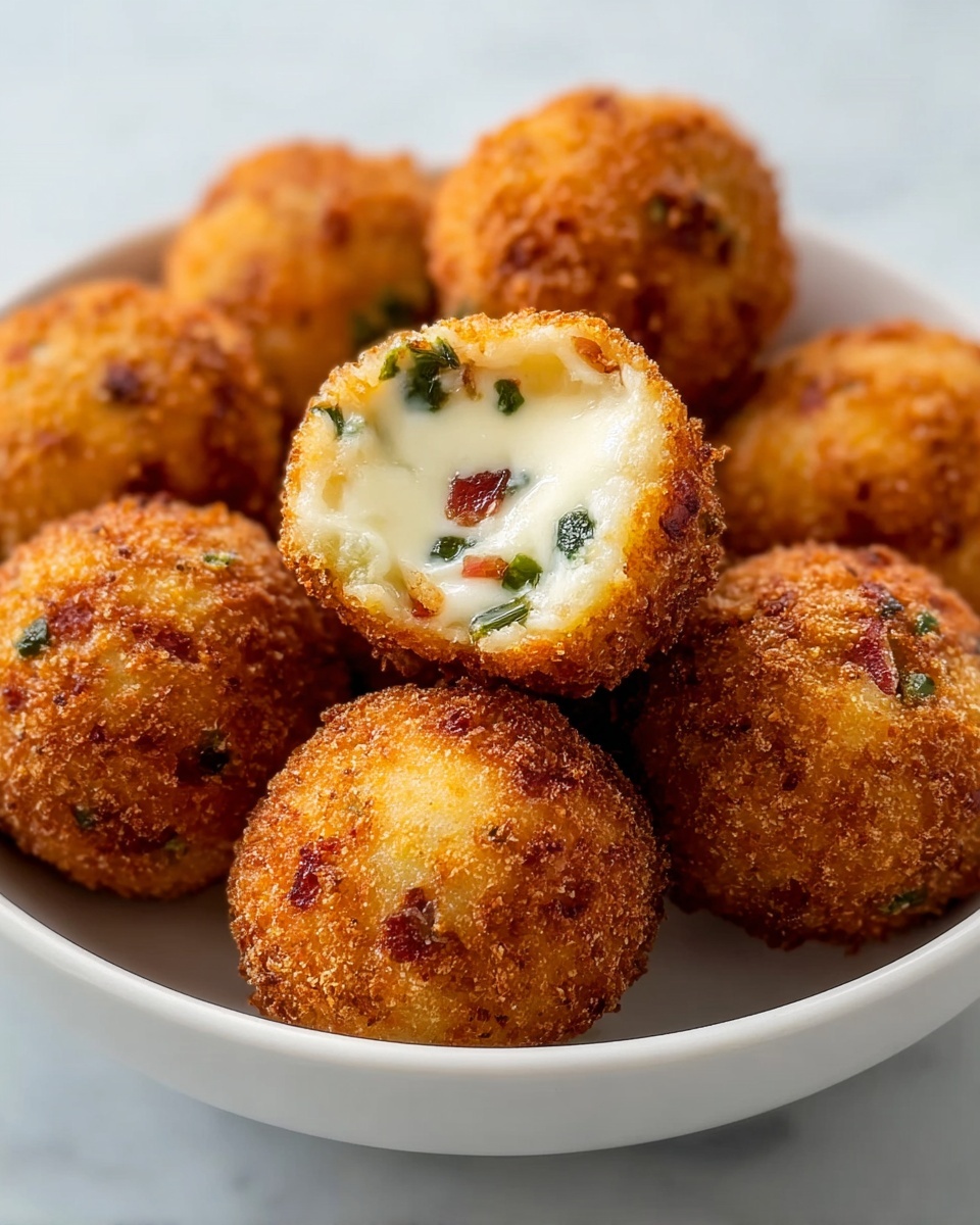 A white bowl holds eight round fried balls with a golden brown, crispy crust showing some darker spots. Two of the balls are open, revealing a creamy, light-colored filling mixed with small pieces of green and red inside. The balls are placed closely together, and the bowl sits on a white marbled surface. In the top right corner, there is a green chili partially visible, and on the left edge, part of a white bowl with red sauce can be seen. photo taken with an iphone --ar 4:5 --v 7