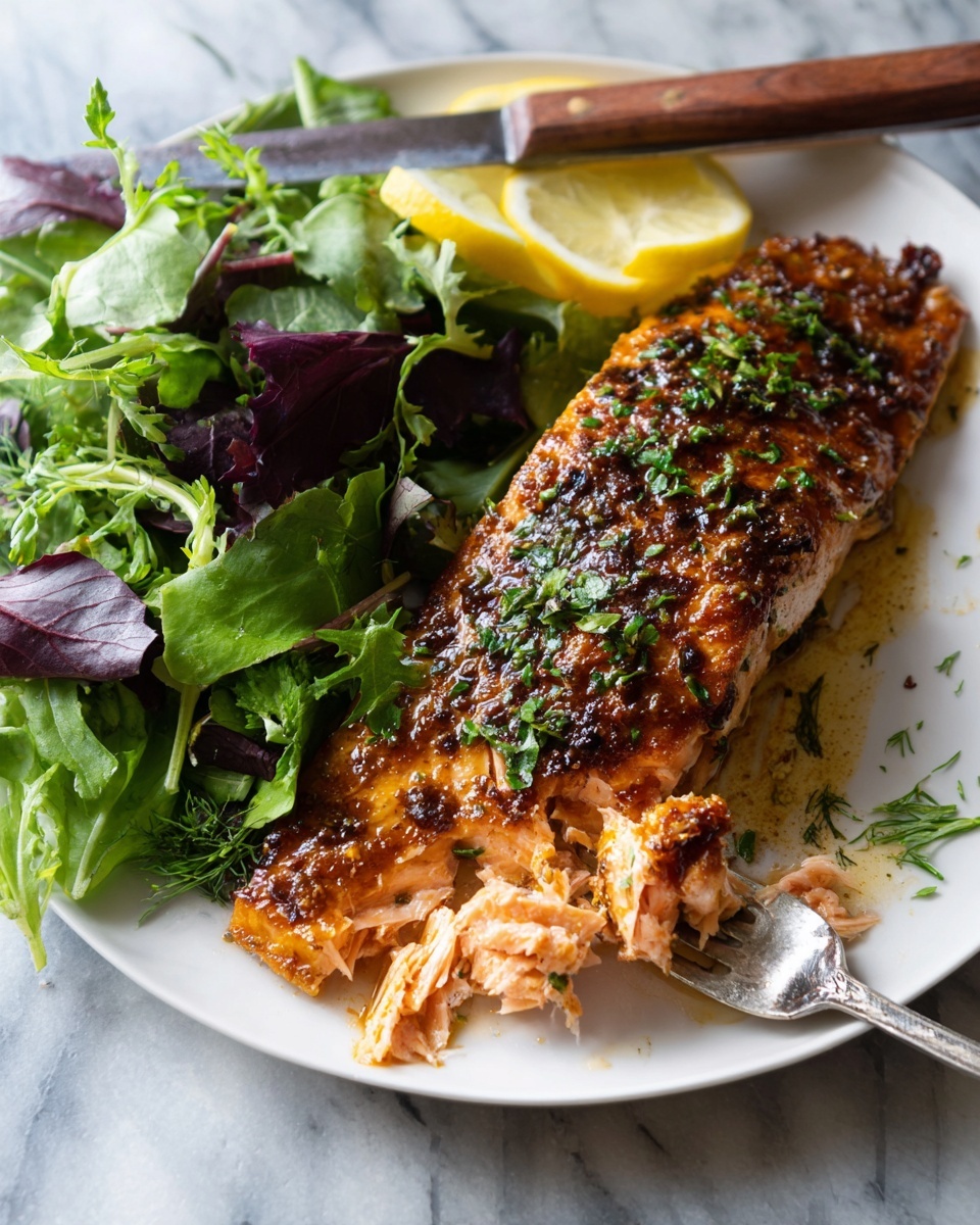 A white round plate holds a cooked salmon fillet on the right side, with a crispy, browned, and slightly shiny texture, lightly sprinkled with green herbs. A small section at the bottom right of the salmon is flaked and separated, showing the tender light pink inside. On the left side of the plate, there is a fresh mixed green salad with varied leaves in green and dark purple colors. Above the salad, three thin lemon slices are placed flat next to the salmon. A rose gold fork is inserted into the flaked part of the salmon while a matching rose gold knife rests diagonally across the salmon and salad. The plate is set on a white marbled surface, with a grey textured cloth napkin to the top left. In the background, there is a small dark grey bowl with more lemon slices and a partial view of another bowl with chopped green herbs at the bottom left. photo taken with an iphone --ar 4:5 --v 7
