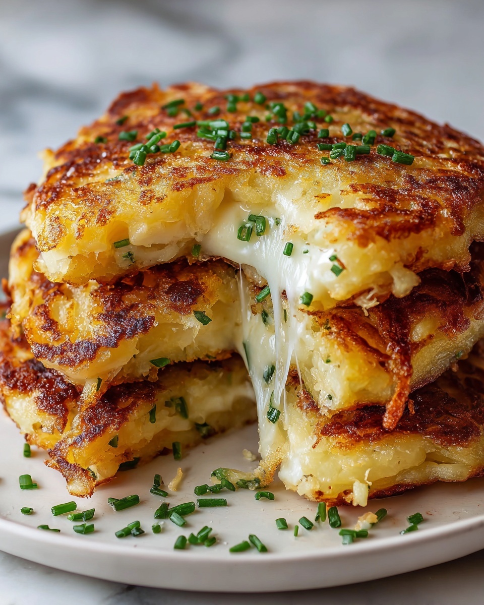 The image shows a stack of three golden-brown cheesy potato pancakes on a white plate, sitting on a white marbled surface. The top pancake is slightly lifted, revealing melted cheese stretching between the layers, with small green herbs sprinkled inside and lightly on top. The crispy texture of the pancakes is visible, with a caramelized surface and soft melted cheese inside. Some green herb bits are scattered around the plate, adding a fresh touch. photo taken with an iphone --ar 4:5 --v 7