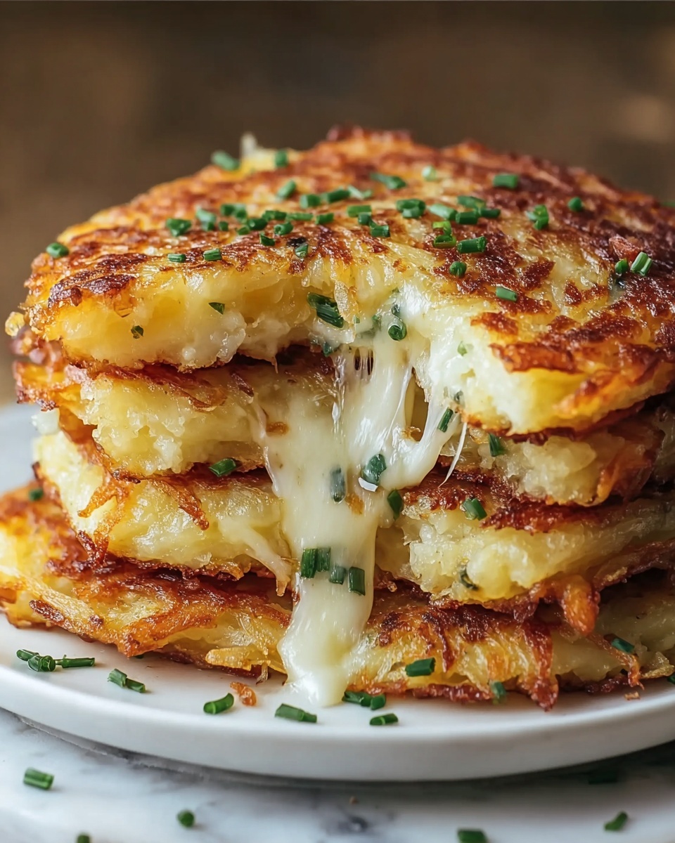 The image shows a stack of three golden brown patties with crispy, textured surfaces on a white plate. Each patty has a rough, slightly uneven edge and is studded with small bits of green herbs. The top patty has a wedge missing, revealing a soft, melting white cheese inside that stretches in thin strings. The patties have a warm yellow color with light browning and a slightly greasy look. Small chopped green chives are sprinkled on top. The plate sits on a white marbled surface, and the background is softly blurred. photo taken with an iphone --ar 4:5 --v 7