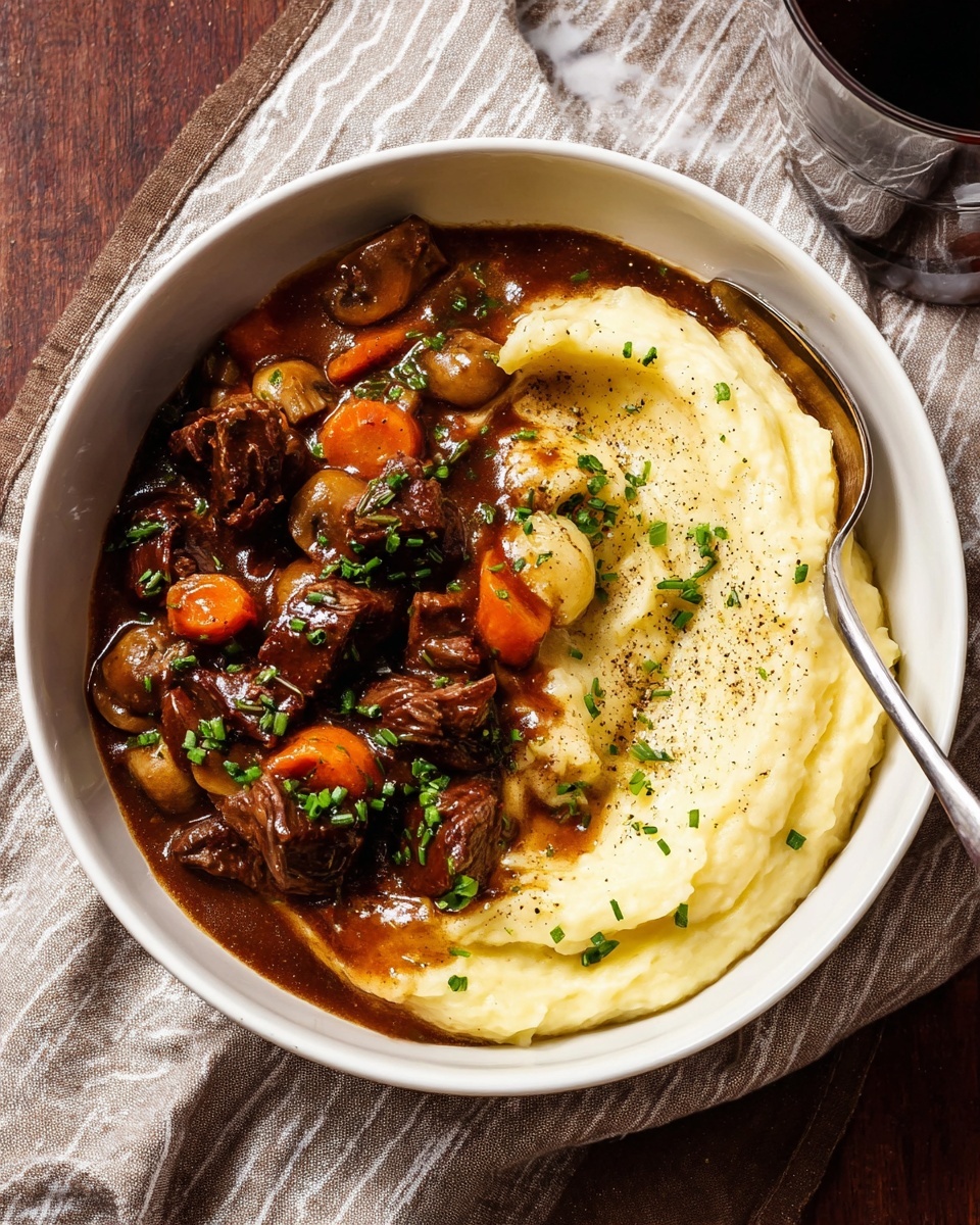 Classic Beef Bourguignon Recipe 5 The image shows a white bowl filled with two main layers: on the left side is a smooth, creamy mashed potato layer in a pale yellow color, with a soft texture and a slight dusting of black pepper and small green chopped chives on top. On the right side, there is a rich, dark brown beef stew with visible chunks of beef, orange baby carrots, small light brown onions, and sliced mushrooms, all covered in a glossy brown sauce. The stew is also sprinkled with chopped green chives. A silver spoon rests inside the bowl on the right side, slightly immersed in the stew. The bowl sits on a white marbled surface with a folded beige and white striped cloth next to it. Part of another bowl with the same dish and a wine glass are visible in the background. photo taken with an iphone --ar 4:5 --v 7
