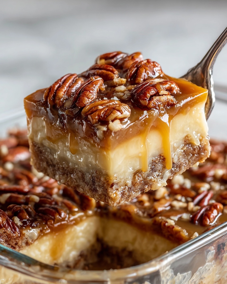 The image shows a close-up of a square piece of pecan dessert being lifted by a silver fork. The dessert has three layers: a bottom layer that looks dense and moist with a brown color, a middle layer that is thick, smooth, and creamy with a pale yellow shade, and a top layer covered in glossy caramel sauce with several whole and crushed pecans scattered across it. The dessert is in a clear glass baking dish, which rests on a white marbled surface. The lighting highlights the shiny texture of the caramel and the rich detail of the pecans. Photo taken with an iphone --ar 4:5 --v 7