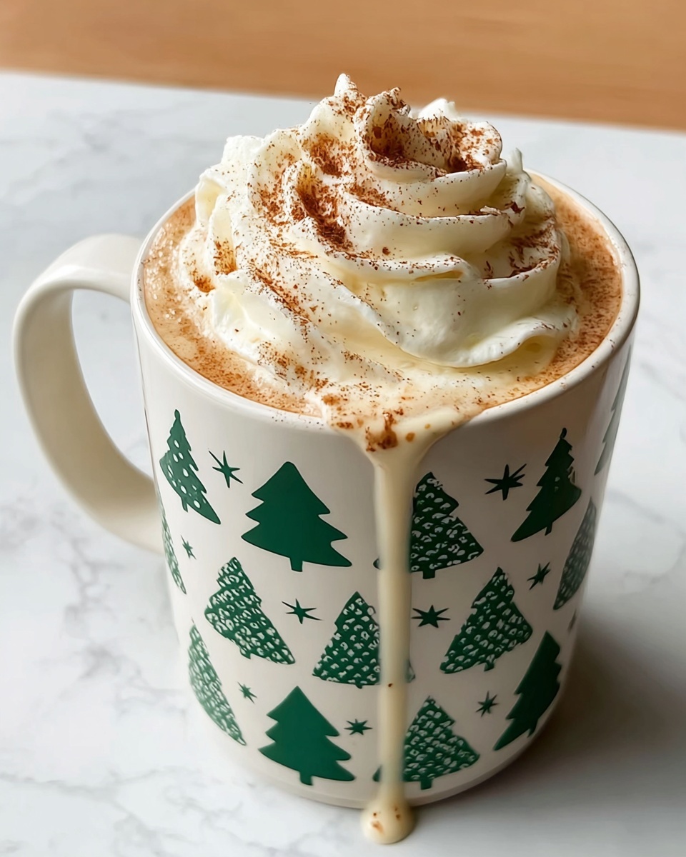 A white mug with green Christmas tree and star patterns is filled with a light brown drink topped with a large swirl of white whipped cream. The whipped cream has a dusting of cinnamon or similar spice on top. Some of the drink has spilled down the side of the mug, pooling slightly at the base. The mug is placed on a white marbled surface. photo taken with an iphone --ar 4:5 --v 7