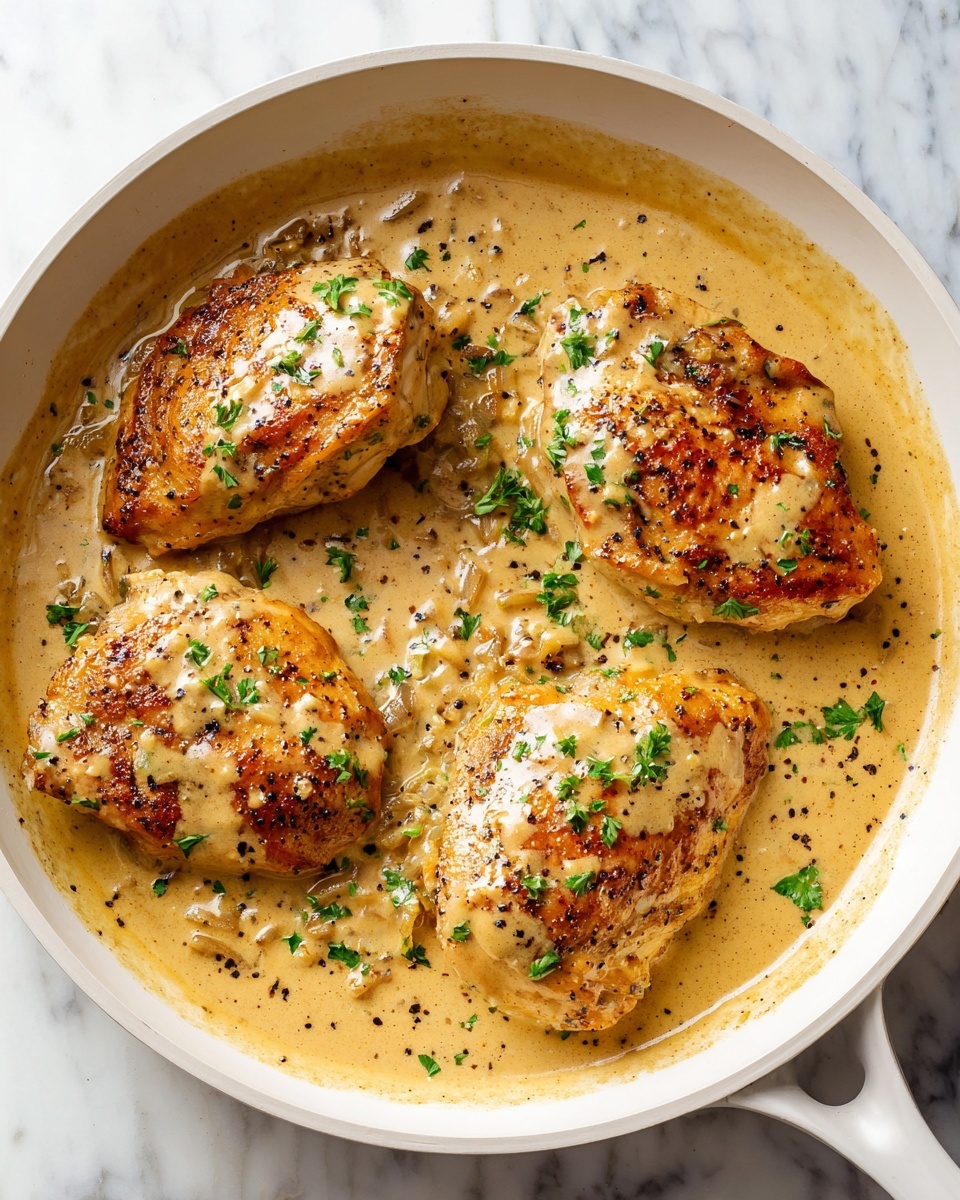 A white skillet filled with four golden brown chicken pieces, each covered partially by a creamy light tan sauce with small bits of herbs and onions scattered on top. The sauce pools around the chicken, showing a smooth and slightly thick texture with flecks of black pepper and green parsley leaves sprinkled across. The skillet is placed on a white marbled surface, creating a clean and bright background. photo taken with an iphone --ar 4:5 --v 7