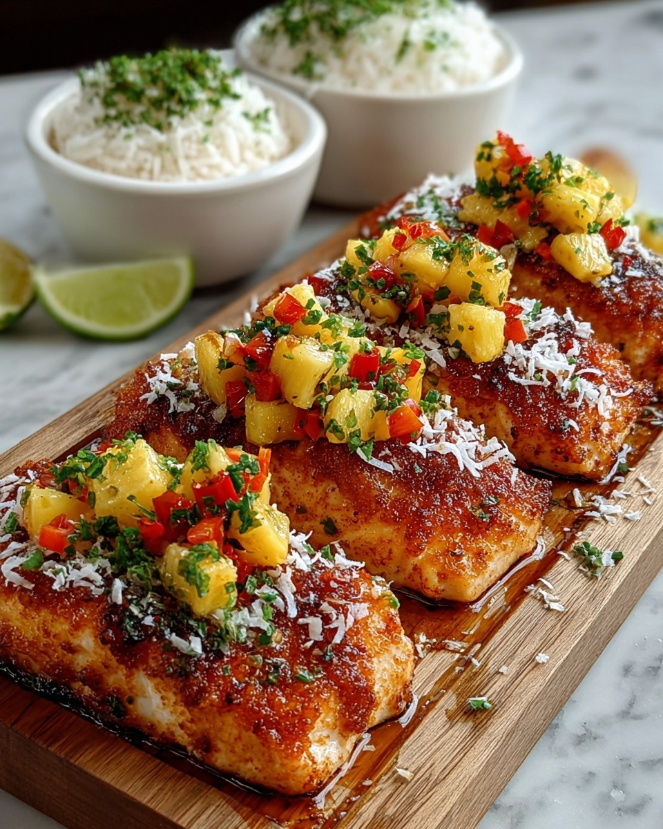 Three pieces of golden-brown cooked fish are placed side by side on a wooden board. Each piece has a crispy, reddish-brown crust and is topped with small diced yellow pineapple, red bell pepper, and green herbs. White flakes, likely coconut, are sprinkled over the fish. Behind the fish, three small white bowls hold white rice garnished with green herbs, and there is a lime wedge partially visible. The scene is set against a white marbled surface. Photo taken with an iphone --ar 4:5 --v 7