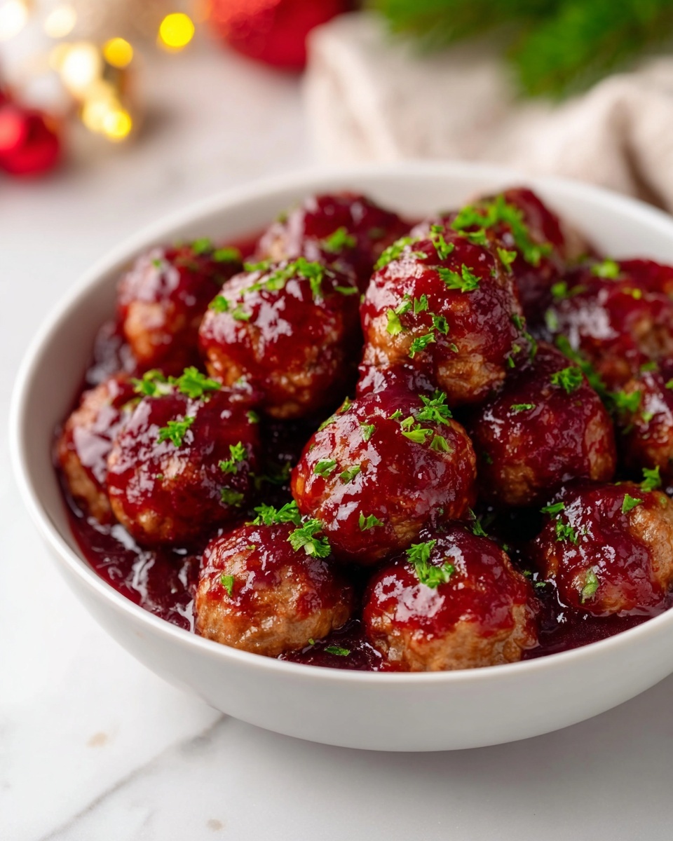 The image shows a close-up of a grey bowl filled with small, round meatballs covered in a thick, shiny red sauce. The sauce is rich and smooth, with bits of green parsley sprinkled on top for color contrast. A silver spoon lifts one meatball from the bowl, highlighting its moist texture and the way the sauce clings to it. The bowl sits on a white marbled surface with soft, blurred lights in the background, giving a cozy feel. Photo taken with an iphone --ar 4:5 --v 7