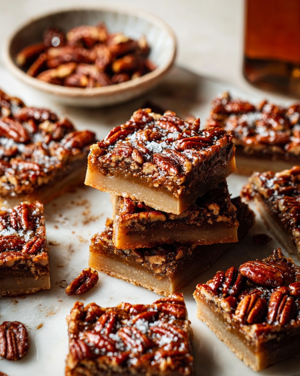 The image shows several square pecan bars stacked on top of each other on a black cooling rack placed on a white marbled surface. Each bar has two layers: a thick light beige bottom layer with a smooth texture, and a shiny top layer packed with whole and halved glossy brown pecans embedded in a caramel-like syrup. Some large pecans scatter around the bars on the surface, and a small white bowl filled with pecans is visible to the left. A dark bottle with a red label also sits in the background. Photo taken with an iphone --ar 4:5 --v 7