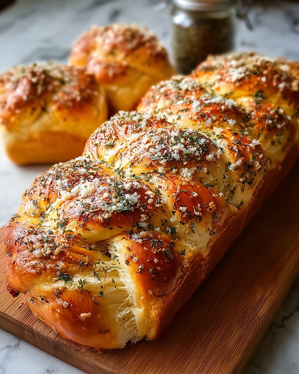 The image shows a golden brown loaf of bread topped with a sprinkle of white coarse salt and green dried herbs, which add texture and color contrast. The loaf has deep diagonal cuts on the top, revealing a soft white inside and a slightly crunchy crust. The bread sits on a wooden board, with a blurred glass jar in the background. There are a few smaller torn pieces of bread behind the main loaf, highlighting its soft texture. The whole scene is set on a white marbled surface. photo taken with an iphone --ar 4:5 --v 7
