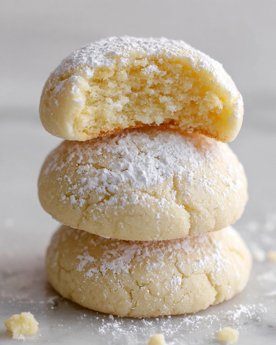 The image shows two round cookies on a white marbled surface. One cookie is whole with a smooth light beige surface dusted generously with white powdered sugar. The other cookie is on top and partially eaten, revealing a soft, crumbly, pale interior with a slightly thicker outer layer also covered with powdered sugar. Crumbs are scattered around the cookies on the surface. The overall look is soft and tender with a light color palette. photo taken with an iphone --ar 4:5 --v 7