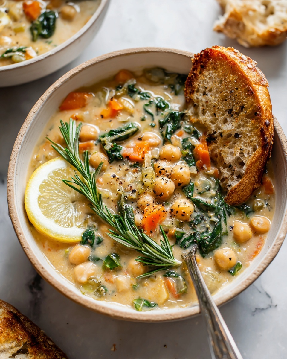 The image shows a close-up of a thick vegetable soup in a large pot, filled with several visible layers of ingredients. The base is a creamy light yellow broth with a smooth, slightly shiny texture. Floating within are circular, bright orange carrot slices, soft white beans, and soft chickpeas that add round shapes and subtle beige tones. There are also pieces of leafy green vegetables, some with darker green wrinkled leaves and others with lighter green ribbed stems, scattered throughout. The vegetables and beans create a chunky, mixed texture against the creamy broth, with a wooden spoon partially dipped in the soup, visible on the bottom right. The background is a white marbled surface. Photo taken with an iphone --ar 4:5 --v 7
