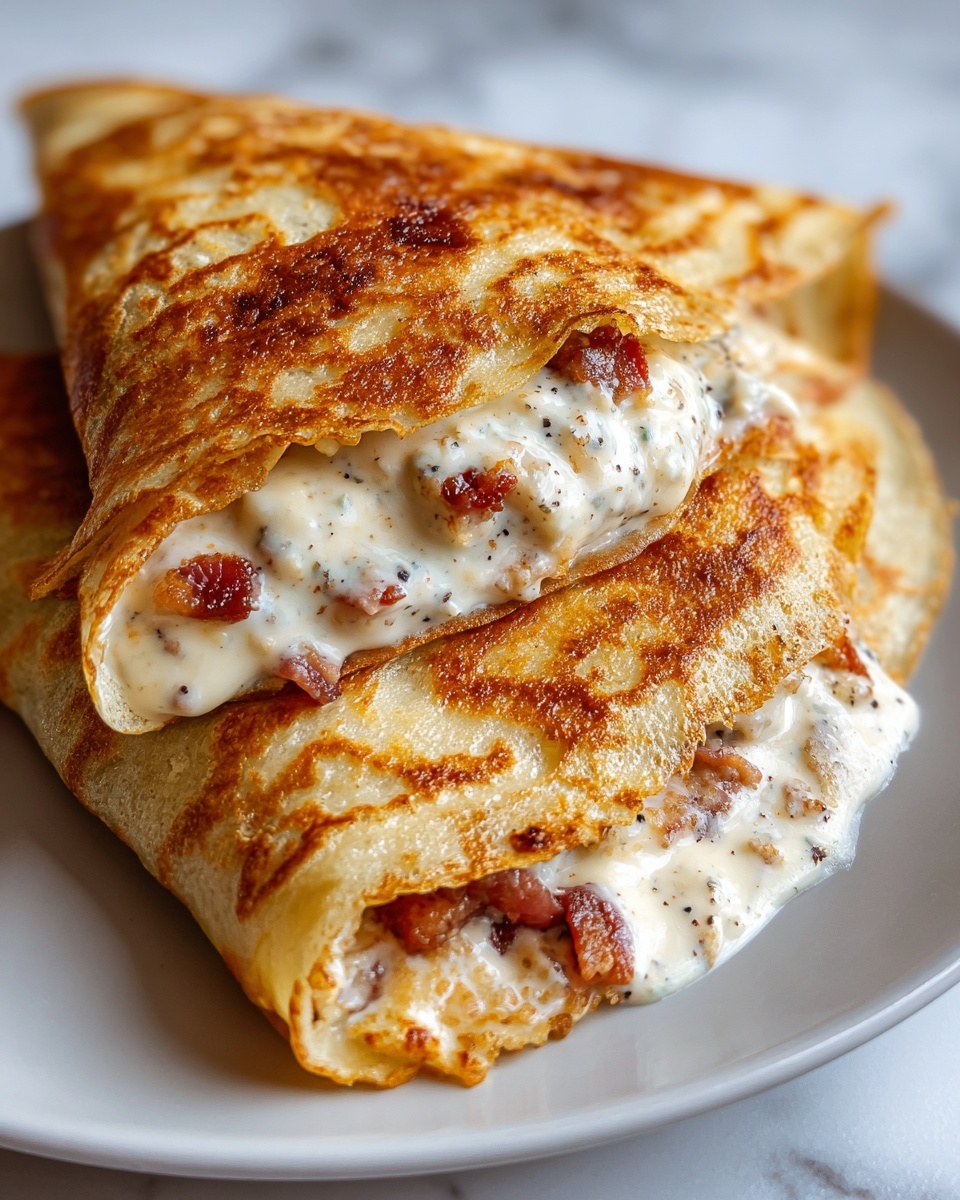 The image shows three toasted sandwiches stacked on a white plate with a white marbled background. Each sandwich is made of a golden-brown toasted outer layer that looks crispy. Inside, there are two visible layers: a thick creamy melted cheese layer that is light yellow and smooth, and bits of dark reddish-brown bacon pieces mixed within the cheese. The melted cheese looks soft and slightly stretches from one sandwich to another. Some liquid cheese is pooling gently on the plate from the sandwiches photo taken with an iphone --ar 4:5 --v 7
