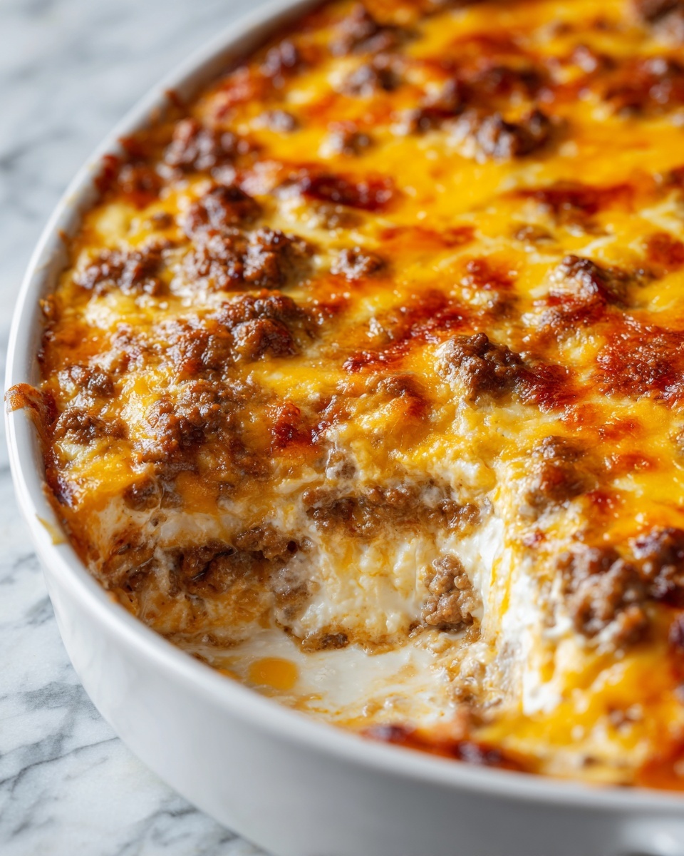 A white round dish filled with a layered casserole, where the top layer is melted golden-yellow cheese mixed with browned ground meat pieces, showing a bubbly, slightly crispy texture. Beneath the cheese and meat, there is a creamy white layer with visible soft and smooth texture, spread evenly. The casserole layers contrast with the white edge of the dish, and the background is a white marbled surface. Photo taken with an iphone --ar 4:5 --v 7