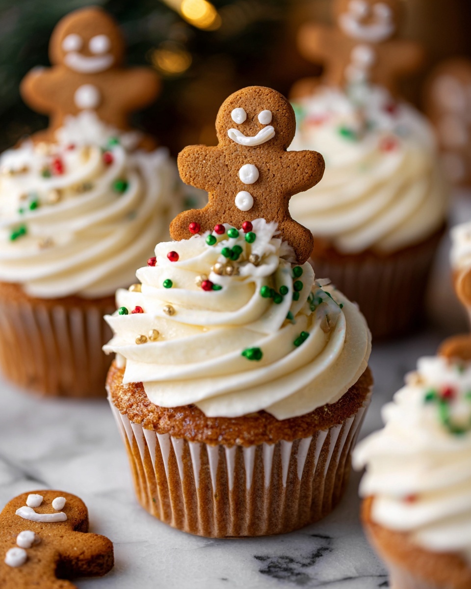 Gingerbread Cupcakes with Cream Cheese Frosting Recipe 5 The image shows a close-up of a cupcake with a gingerbread cookie standing on top. The cupcake has two layers: the bottom layer is a brown, crumbly cake with a soft texture, and the top layer is white, smooth, and fluffy frosting swirled in peaks with small green, red, and yellow sprinkle dots. The gingerbread cookie is shaped like a smiling figure, decorated with white icing for the eyes, buttons, and mouth, and is placed standing in the frosting. The cupcake is in a white paper wrapper that is partially peeled back, revealing crumbs scattered around it. The background features more cupcakes similarly decorated, along with blurred green and silver Christmas ornaments laying on a white marbled surface. photo taken with an iphone --ar 4:5 --v 7