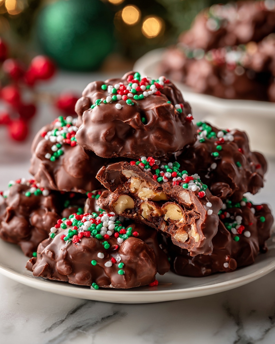 Crockpot Christmas Candy Recipe 5 A pile of chocolate clusters sits on a white marbled surface, each cluster showing a rough, bumpy texture with small red, white, and green round sprinkles on top. One cluster is cut in half, revealing a layer of light tan nuts inside the thick, smooth dark brown chocolate coating. The clusters vary in size and shape, stacked on top of one another with more sprinkled chocolates in the blurred background. Photo taken with an iphone --ar 4:5 --v 7