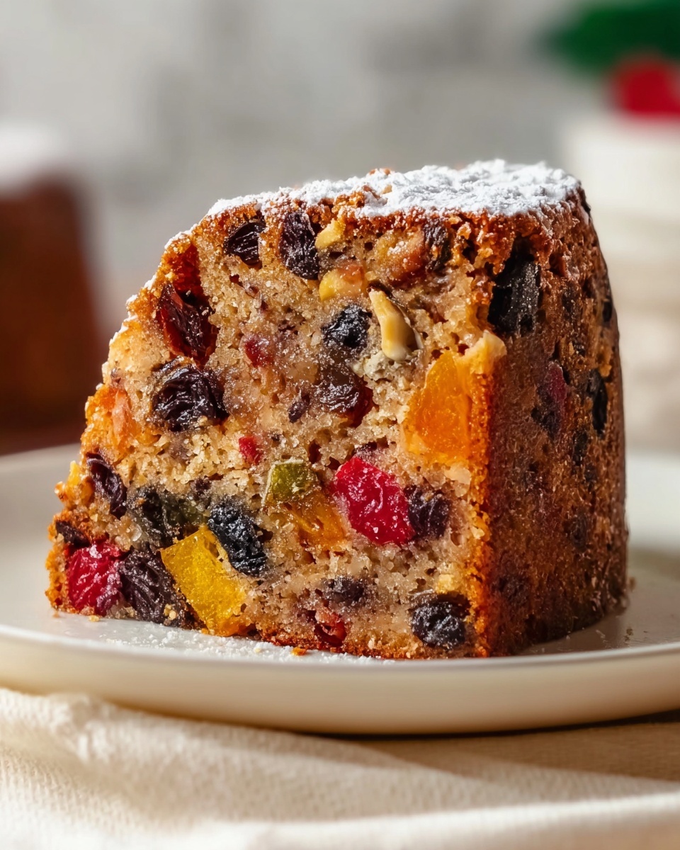 A close-up view of a single slice of fruitcake on a white plate shows a dense cake with an uneven brown outer crust and a moist, speckled interior full of colorful dried fruits and nuts. Inside, bright red cherries, dark raisins, orange citrus pieces, and small chunks of nuts are scattered throughout, adding bursts of color and texture against the light brown cake base. The top edge of the cake slice is dusted lightly with white powdered sugar, and the plate sits on a soft cream-colored cloth with a blurred white marbled surface in the background. photo taken with an iphone --ar 4:5 --v 7