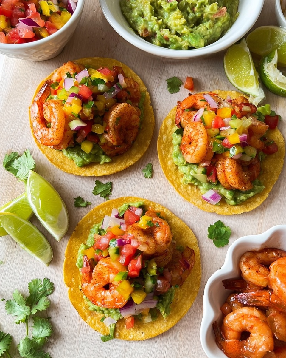 Crispy Shrimp Tostadas with Mango Salsa and Guacamole Recipe 6 Crispy Shrimp Tostadas with Mango Salsa and Guacamole Recipe - Recipe Image