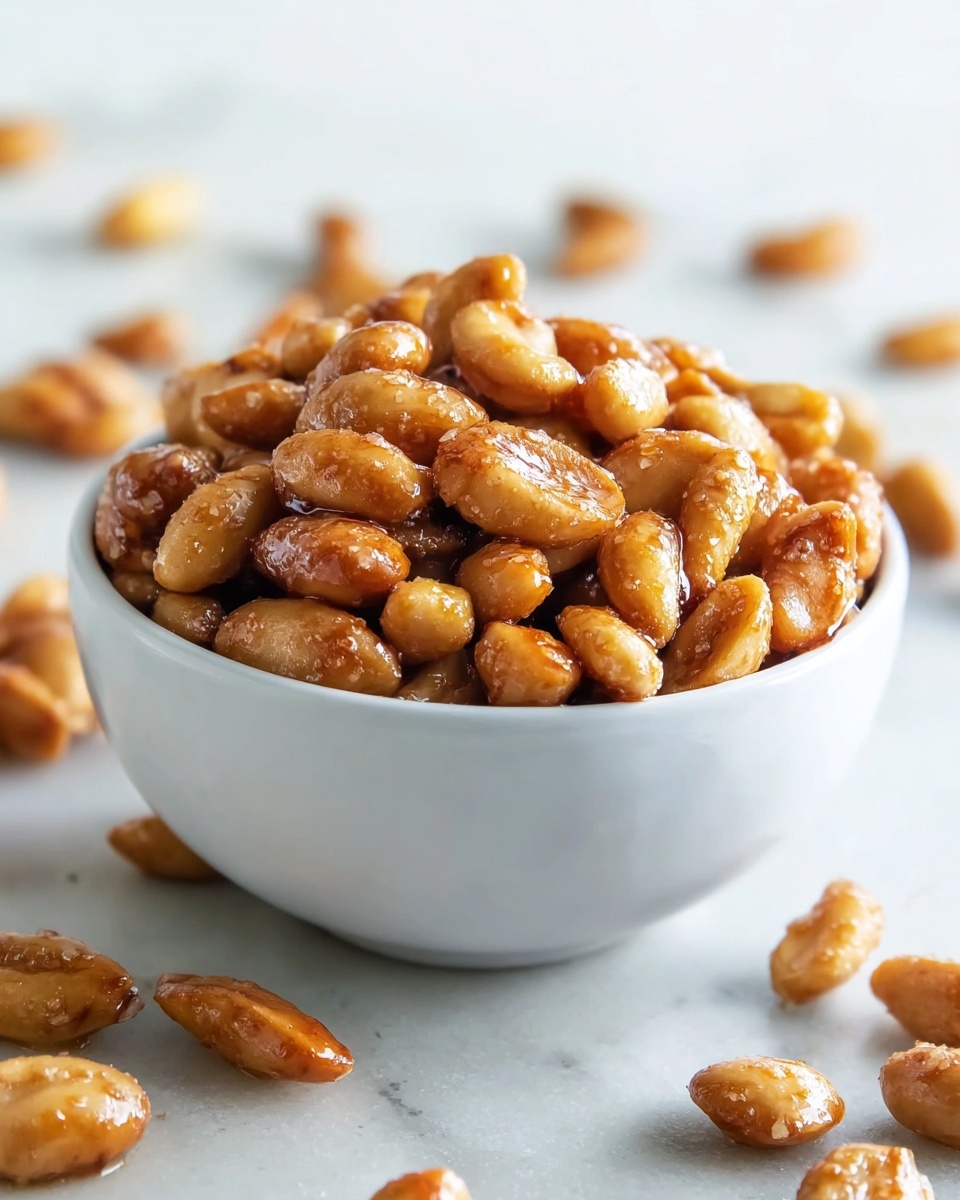 A close-up view of a white bowl filled with a heap of glazed roasted peanuts. The peanuts are shiny with a golden brown color, some whole and some split in half, showing their smooth and textured surfaces. The bowl is placed on a white marbled surface, with some peanuts scattered gently around it, and a blurred background holding more peanuts on a white board. The lighting highlights the gloss on the peanuts and creates a warm and appetizing look photo taken with an iphone --ar 4:5 --v 7