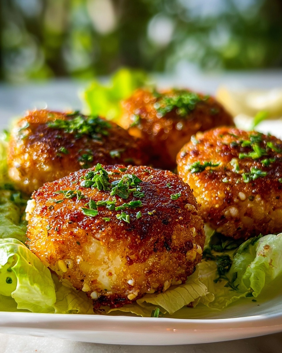The image shows four round, golden-brown crispy patties topped with finely chopped green herbs, arranged on a bed of fresh green lettuce leaves. Each patty has a crunchy, textured surface with small bits of white and golden colors inside, placed closely together on a white plate. The background features a soft blur with hints of greenery, all set against a white marbled texture. The light shines warmly on the patties, highlighting their crispy texture and fresh garnish photo taken with an iphone --ar 4:5 --v 7