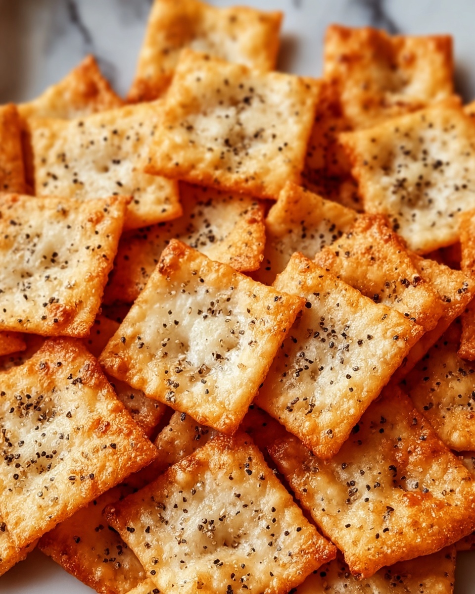 The image shows a close-up of many small, square-shaped crispy crackers stacked together. Each cracker has a light golden-brown edge with a slightly bubbly and rough texture, while the center is lighter and smooth with some shine. The crackers are sprinkled with small black pepper flakes evenly across the surface, adding a speckled look. They are placed on a white marbled surface that contrasts with the warm colors of the crackers, making them stand out. Photo taken with an iphone --ar 4:5 --v 7