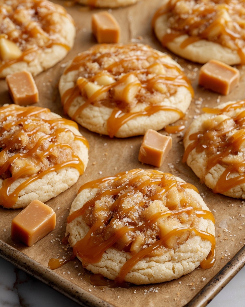 Apple Pie Cookies Recipe 5 A round cookie sits on a piece of brown parchment paper on a wooden board with a rough texture. The cookie has a soft golden-brown base with a topping of small caramelized apple pieces in the center, surrounded by crumbled light tan bits. Sweet caramel sauce is drizzled over the whole cookie in thick, shiny lines. The cookie has a bite taken from the side, showing a soft, dense inside with a warm orange tint. In the background, there is a brown wooden bowl, a red apple, a jar filled with cinnamon powder, and wrapped caramel candies on a brown cloth under soft warm light. Photo taken with an iphone --ar 4:5 --v 7