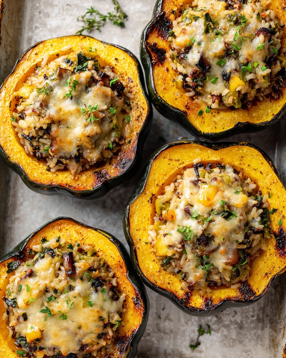A close-up of a halved roasted acorn squash filled with a colorful rice mixture sits on a white plate. The squash's outer skin is dark green with a soft orange-yellow inside layer that looks tender and slightly caramelized. The filling is a mix of brown and wild rice, along with green pumpkin seeds and small bits of dried cranberries, all topped with melted light beige cheese and sprinkled with small green parsley leaves. The plate rests on a white marbled surface, giving a clean and fresh background to the warm and hearty dish. photo taken with an iphone --ar 4:5 --v 7